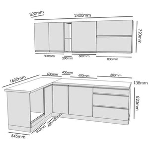 Ecke Küche Ziegelstein leicht linke Ecke 240x160 cm (weiß/Eiche Handwerk)