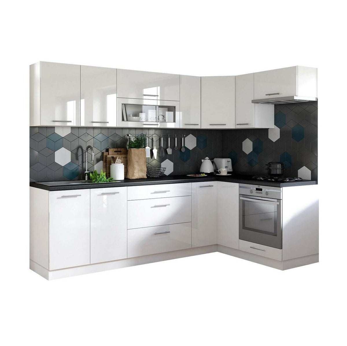 Eckküche Emilia rechte Ecke 243x143 cm (weiß glänzend/schwarz)