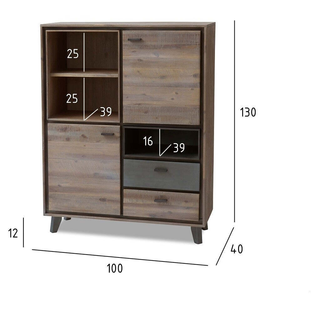 Hochkommode Mety (2x Schubladen, 2x Türen, Holz, braun)