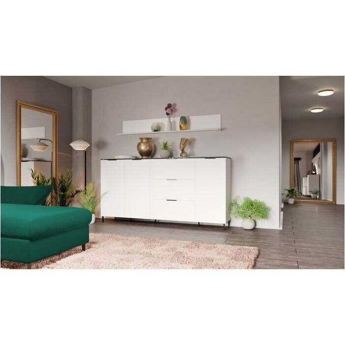 Kommode Madlen (3x Türen, weiß, schwarzer Marmor)