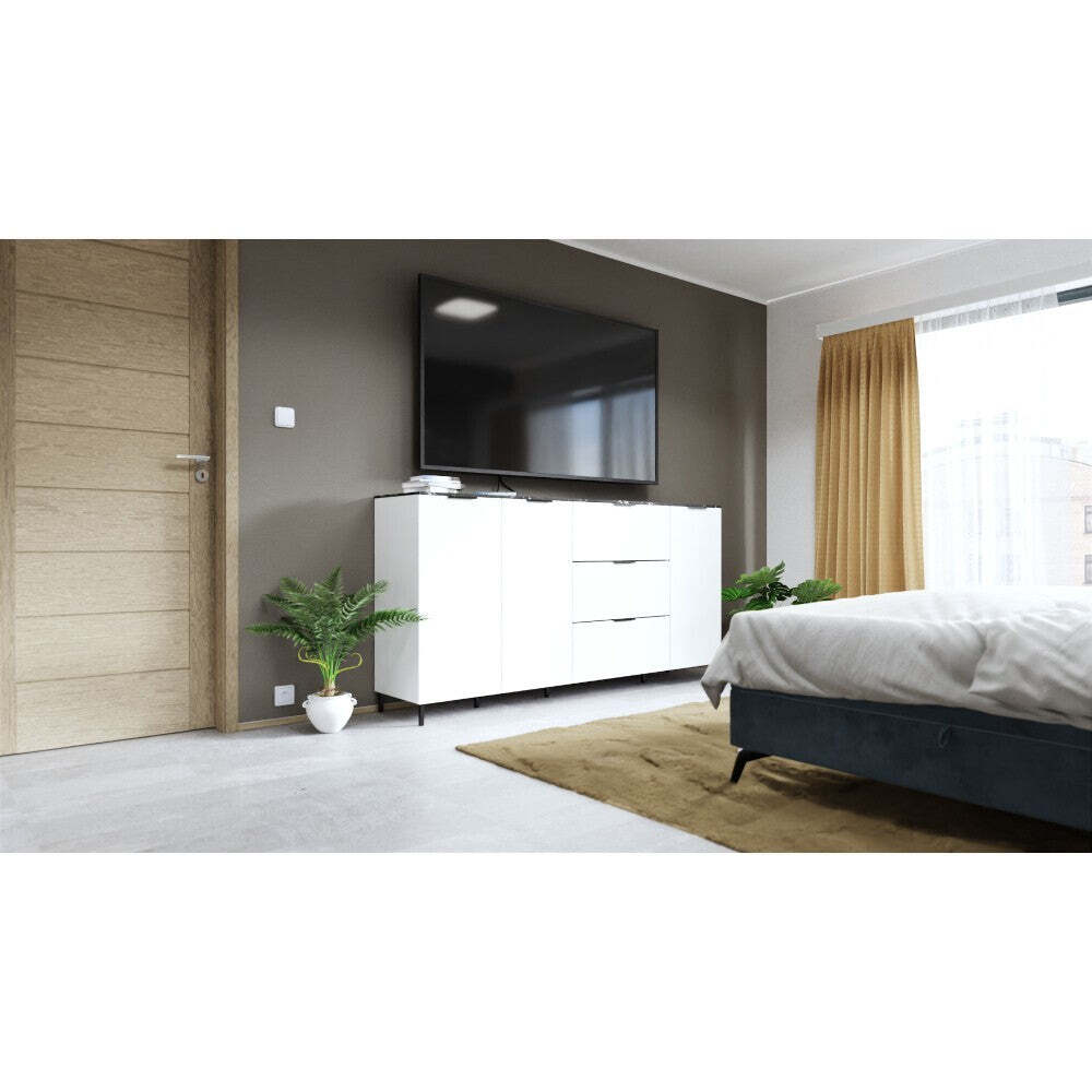 Kommode Madlen (3x Türen, weiß, schwarzer Marmor)