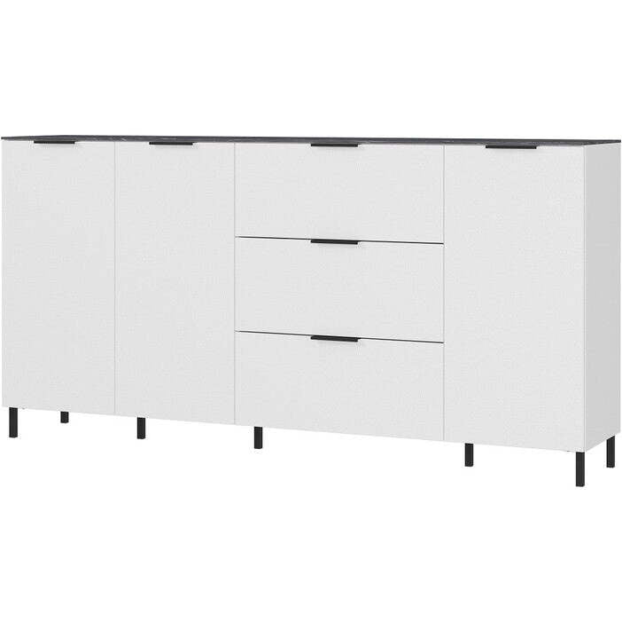 Kommode Madlen (3x Türen, weiß, schwarzer Marmor)
