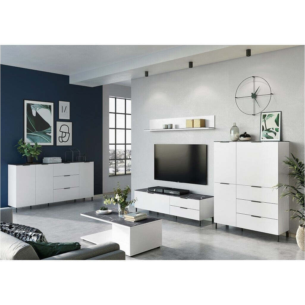 Kommode Madlen (3x Türen, weiß, schwarzer Marmor)