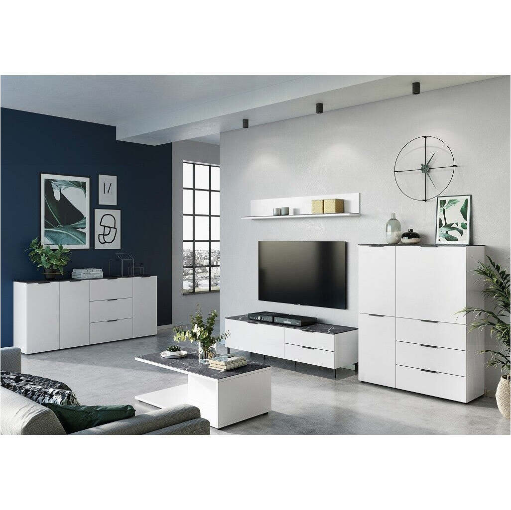 Kommode Madlen (3x Türen, weiß, schwarzer Marmor)